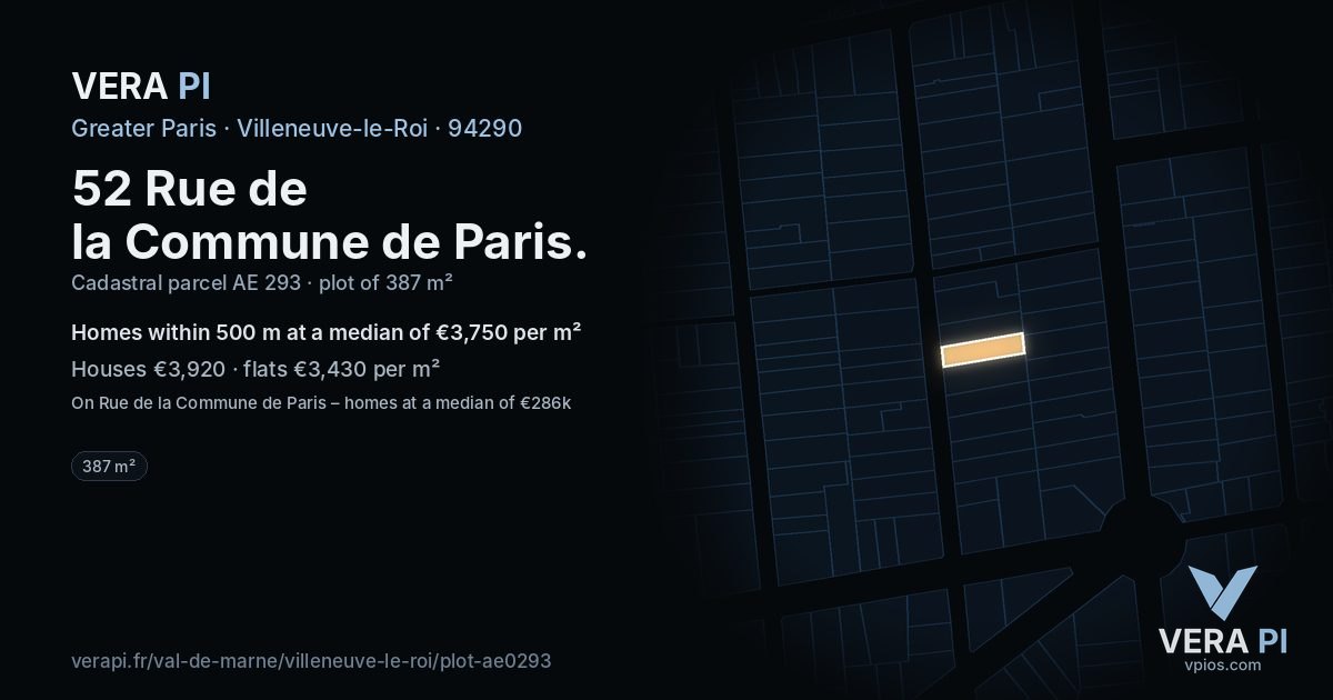 52 Rue de la Commune de Paris, Villeneuve-le-Roi at night – the plot lit, the parcels around coloured by the prices near them