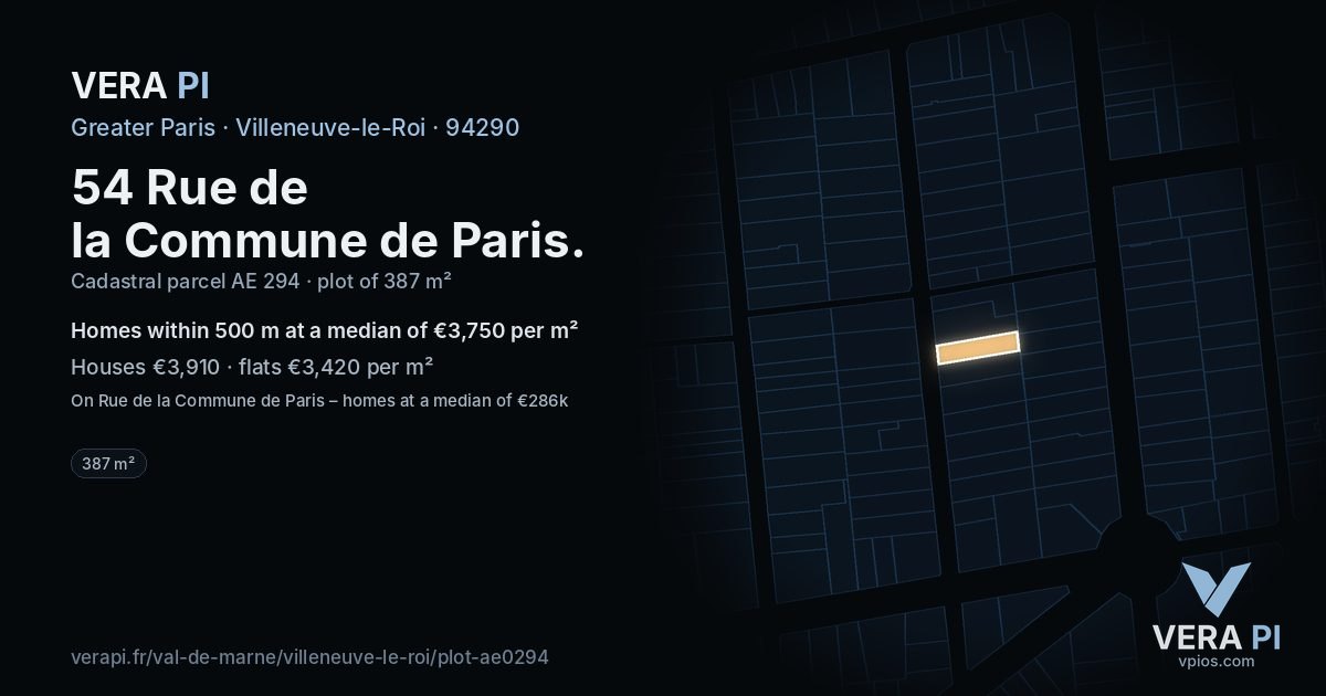 54 Rue de la Commune de Paris, Villeneuve-le-Roi at night – the plot lit, the parcels around coloured by the prices near them
