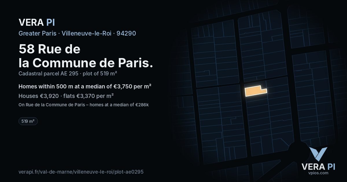 58 Rue de la Commune de Paris, Villeneuve-le-Roi at night – the plot lit, the parcels around coloured by the prices near them