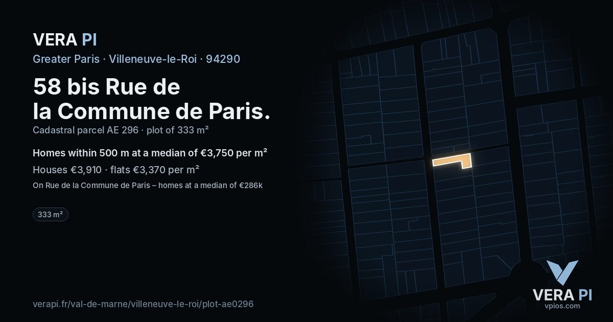 58 bis Rue de la Commune de Paris, Villeneuve-le-Roi at night – the plot lit, the parcels around coloured by the prices near them