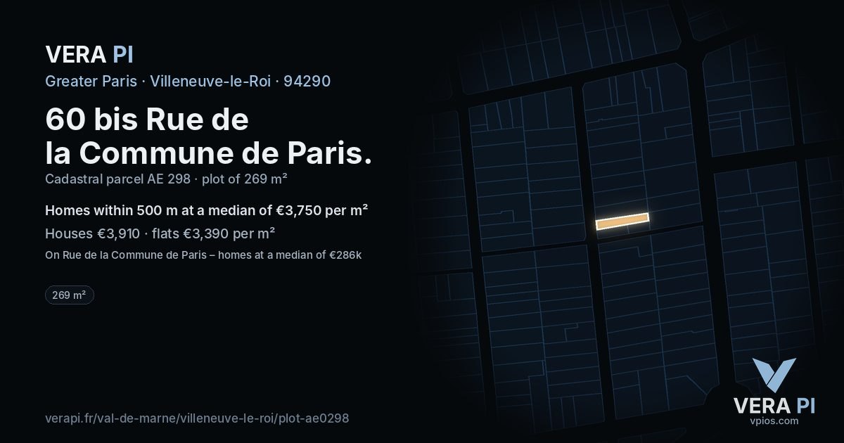 60 bis Rue de la Commune de Paris, Villeneuve-le-Roi at night – the plot lit, the parcels around coloured by the prices near them