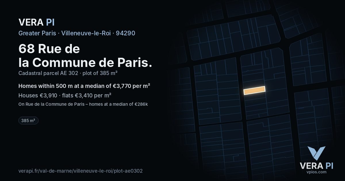 68 Rue de la Commune de Paris, Villeneuve-le-Roi at night – the plot lit, the parcels around coloured by the prices near them