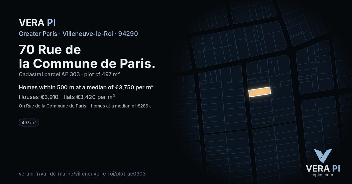 70 Rue de la Commune de Paris, Villeneuve-le-Roi at night – the plot lit, the parcels around coloured by the prices near them