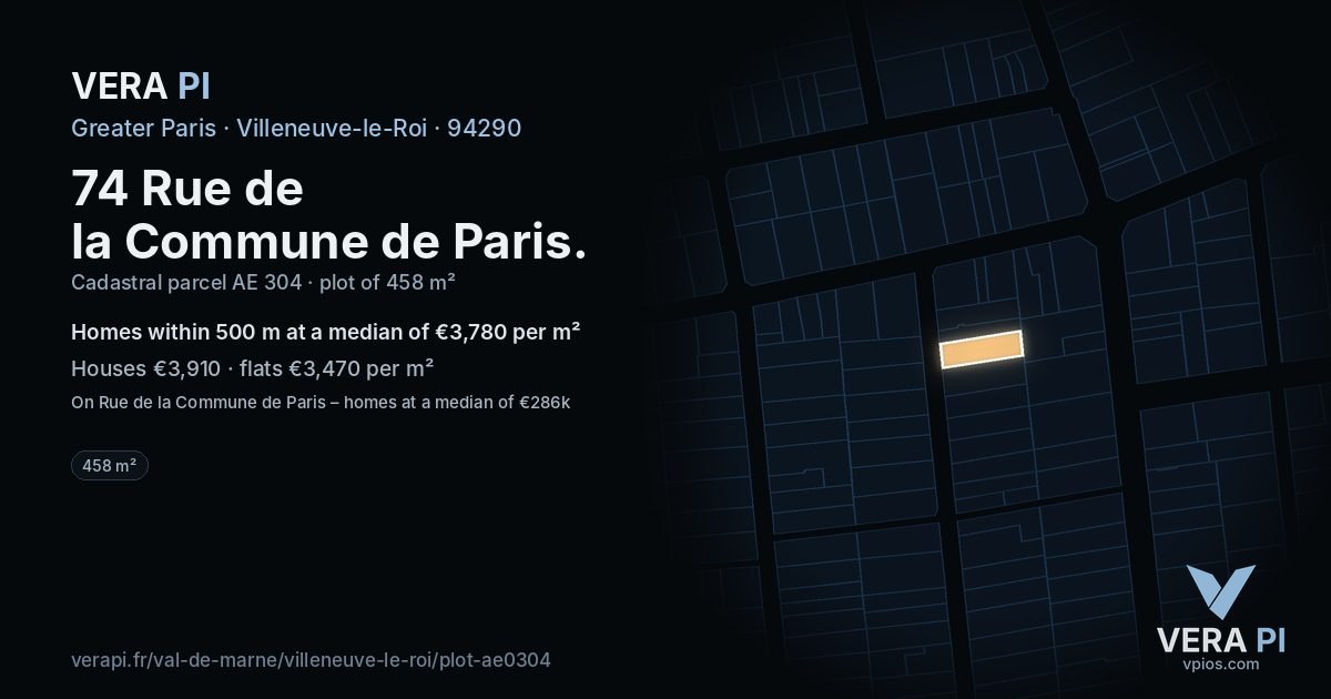 74 Rue de la Commune de Paris, Villeneuve-le-Roi at night – the plot lit, the parcels around coloured by the prices near them