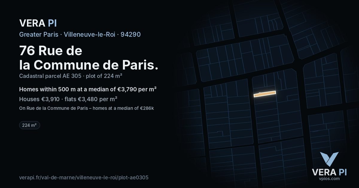 76 Rue de la Commune de Paris, Villeneuve-le-Roi at night – the plot lit, the parcels around coloured by the prices near them