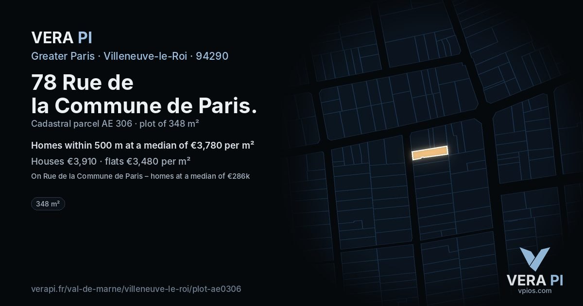 78 Rue de la Commune de Paris, Villeneuve-le-Roi at night – the plot lit, the parcels around coloured by the prices near them