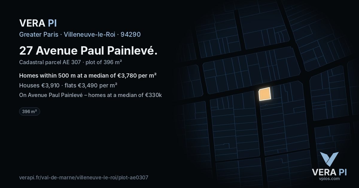 27 Avenue Paul Painlevé, Villeneuve-le-Roi at night – the plot lit, the parcels around coloured by the prices near them