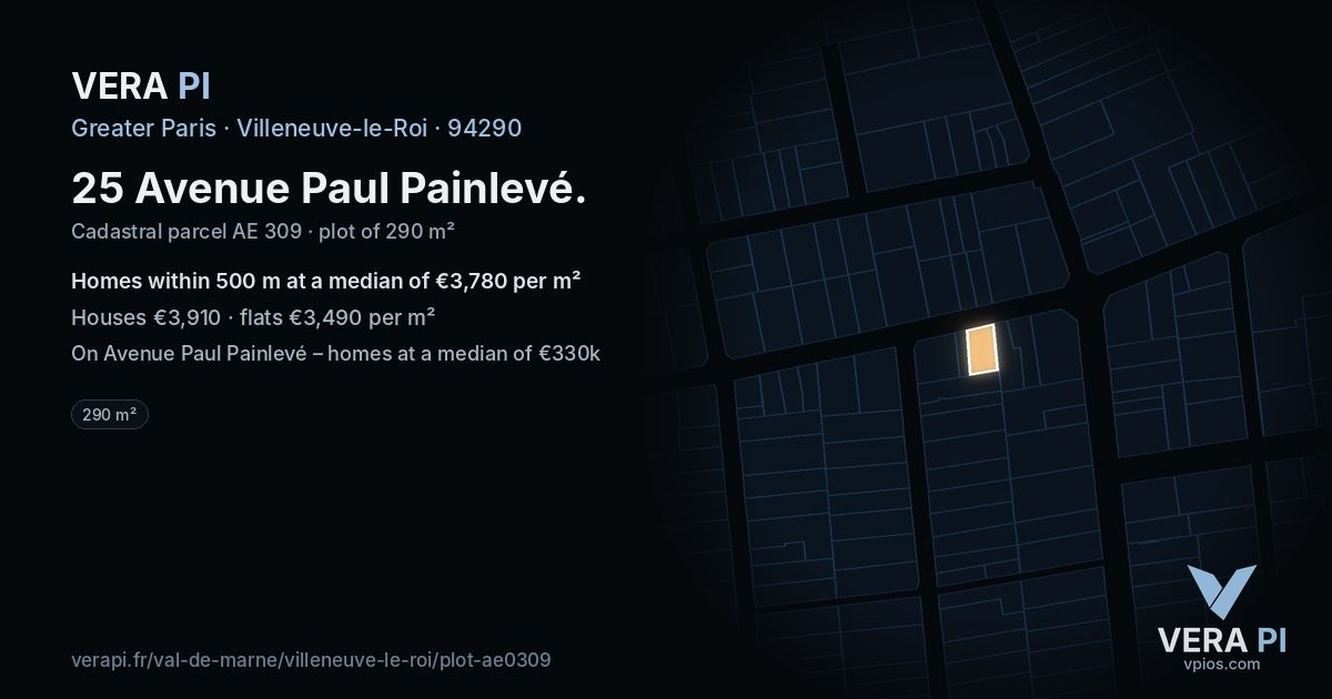25 Avenue Paul Painlevé, Villeneuve-le-Roi at night – the plot lit, the parcels around coloured by the prices near them