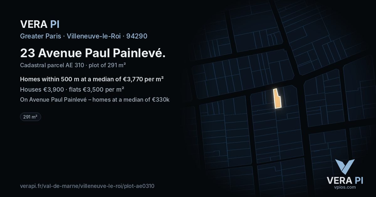 23 Avenue Paul Painlevé, Villeneuve-le-Roi at night – the plot lit, the parcels around coloured by the prices near them