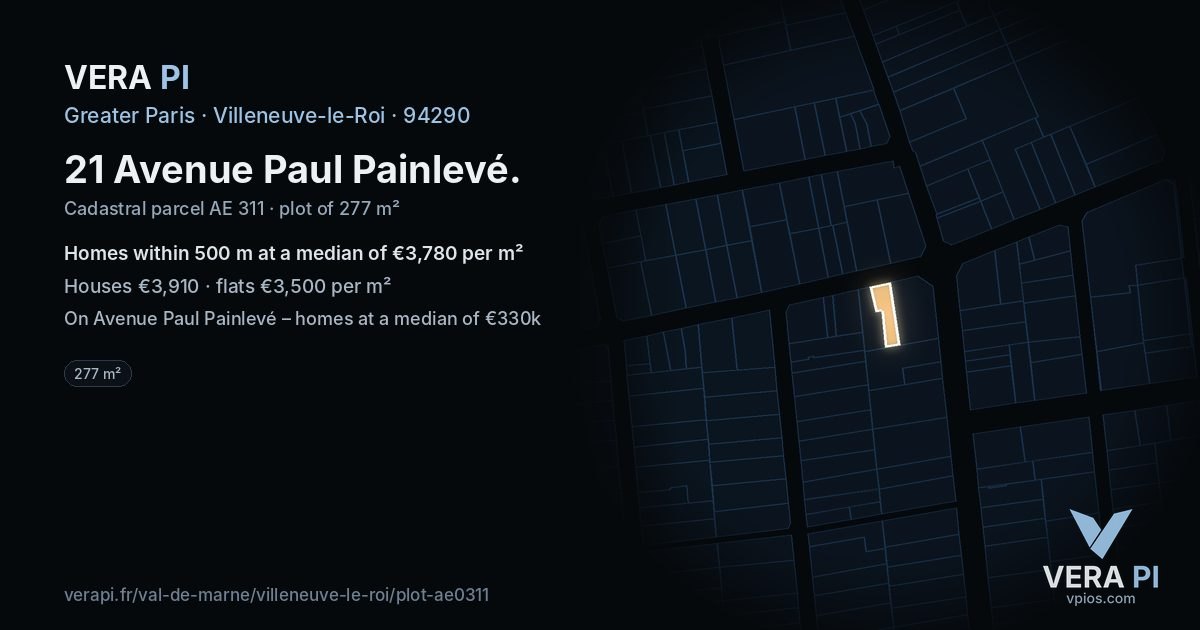 21 Avenue Paul Painlevé, Villeneuve-le-Roi at night – the plot lit, the parcels around coloured by the prices near them
