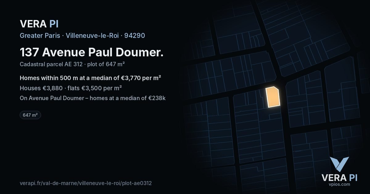 137 Avenue Paul Doumer, Villeneuve-le-Roi at night – the plot lit, the parcels around coloured by the prices near them