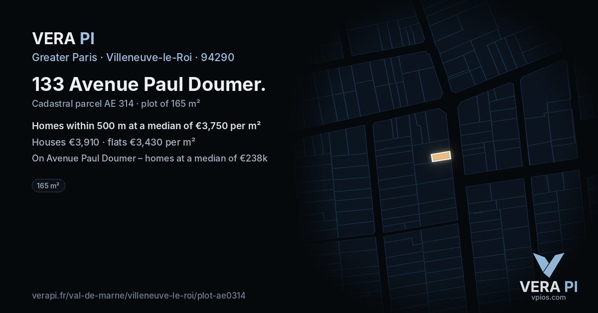133 Avenue Paul Doumer, Villeneuve-le-Roi at night – the plot lit, the parcels around coloured by the prices near them