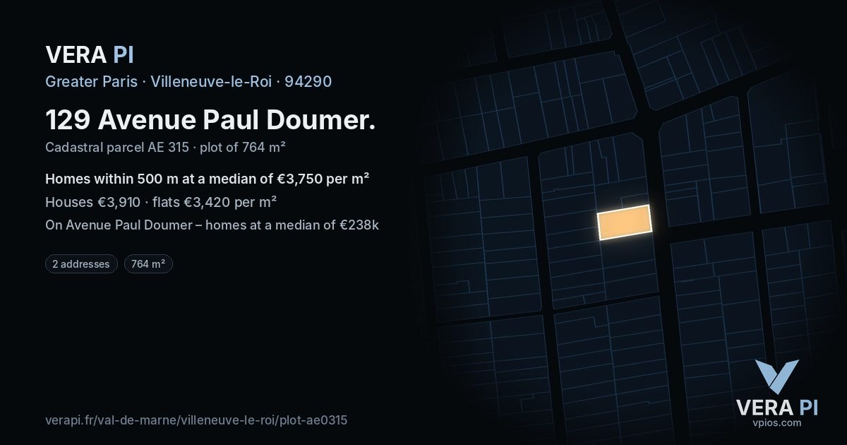 129 Avenue Paul Doumer, Villeneuve-le-Roi at night – the plot lit, the parcels around coloured by the prices near them