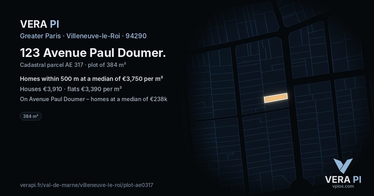 123 Avenue Paul Doumer, Villeneuve-le-Roi at night – the plot lit, the parcels around coloured by the prices near them