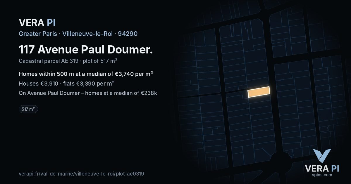 117 Avenue Paul Doumer, Villeneuve-le-Roi at night – the plot lit, the parcels around coloured by the prices near them
