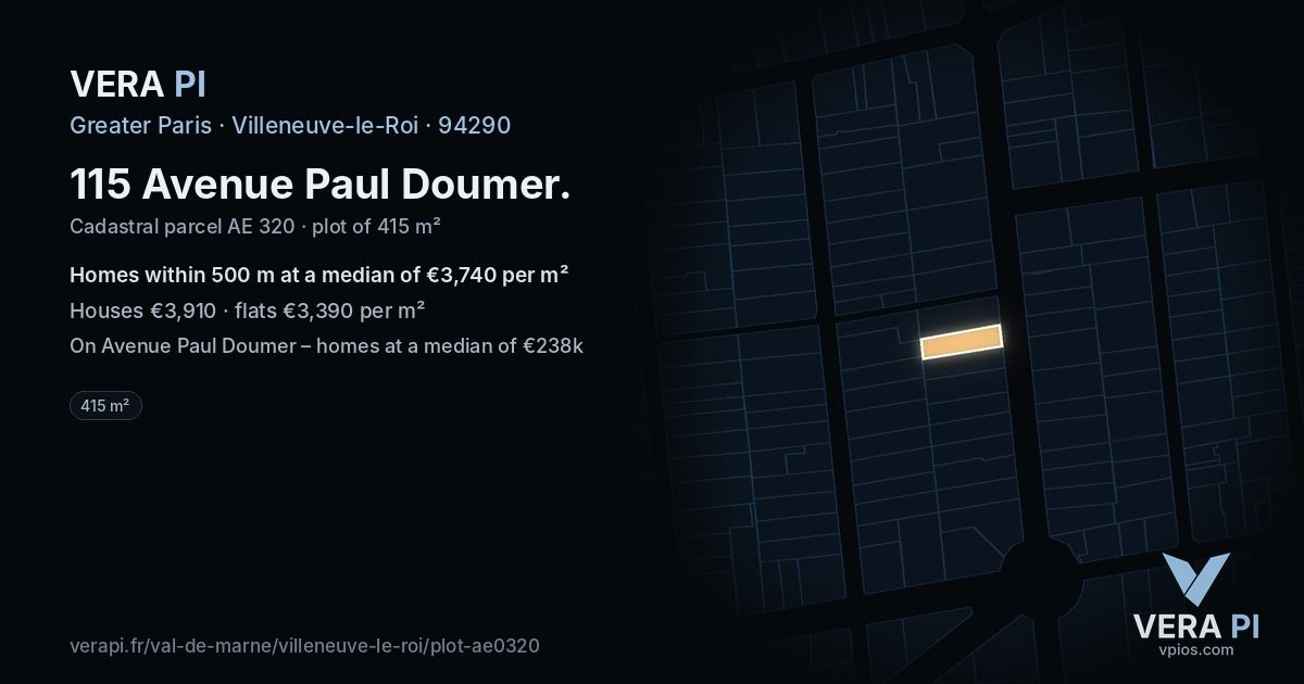 115 Avenue Paul Doumer, Villeneuve-le-Roi at night – the plot lit, the parcels around coloured by the prices near them