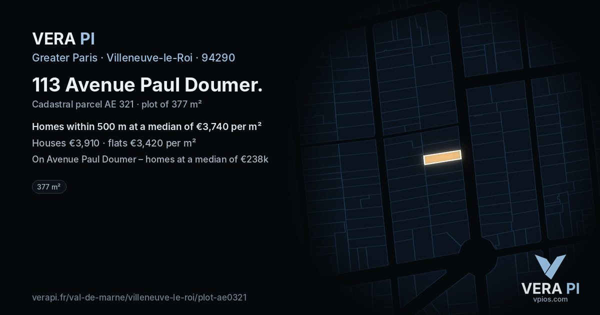 113 Avenue Paul Doumer, Villeneuve-le-Roi at night – the plot lit, the parcels around coloured by the prices near them