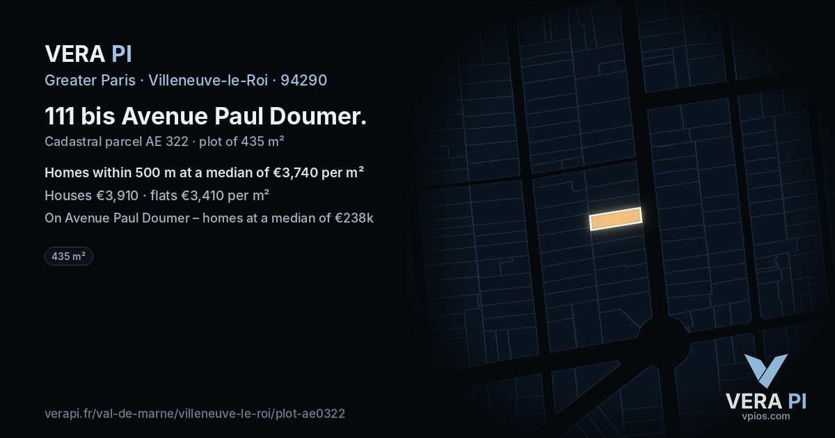 111 bis Avenue Paul Doumer, Villeneuve-le-Roi at night – the plot lit, the parcels around coloured by the prices near them
