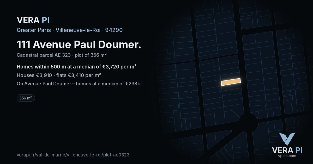 111 Avenue Paul Doumer, Villeneuve-le-Roi at night – the plot lit, the parcels around coloured by the prices near them