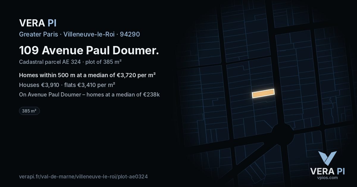 109 Avenue Paul Doumer, Villeneuve-le-Roi at night – the plot lit, the parcels around coloured by the prices near them