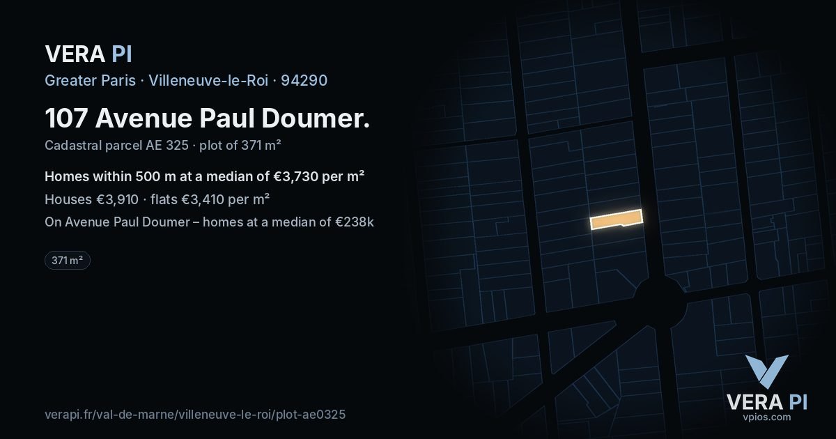 107 Avenue Paul Doumer, Villeneuve-le-Roi at night – the plot lit, the parcels around coloured by the prices near them