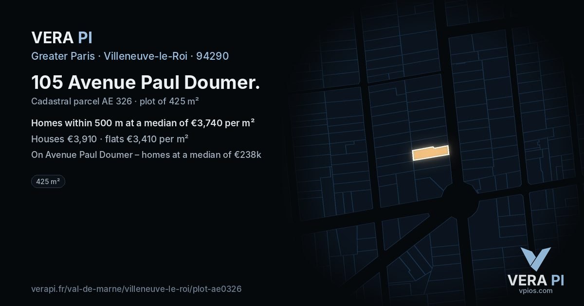 105 Avenue Paul Doumer, Villeneuve-le-Roi at night – the plot lit, the parcels around coloured by the prices near them