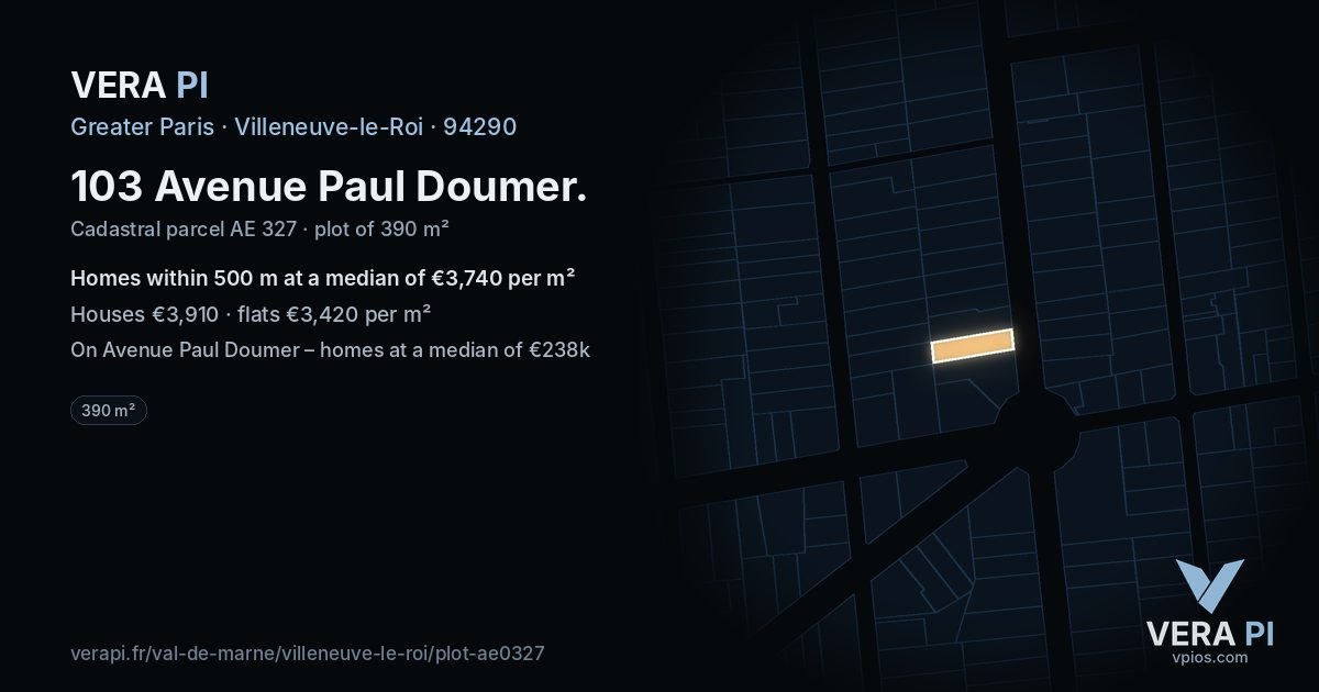 103 Avenue Paul Doumer, Villeneuve-le-Roi at night – the plot lit, the parcels around coloured by the prices near them
