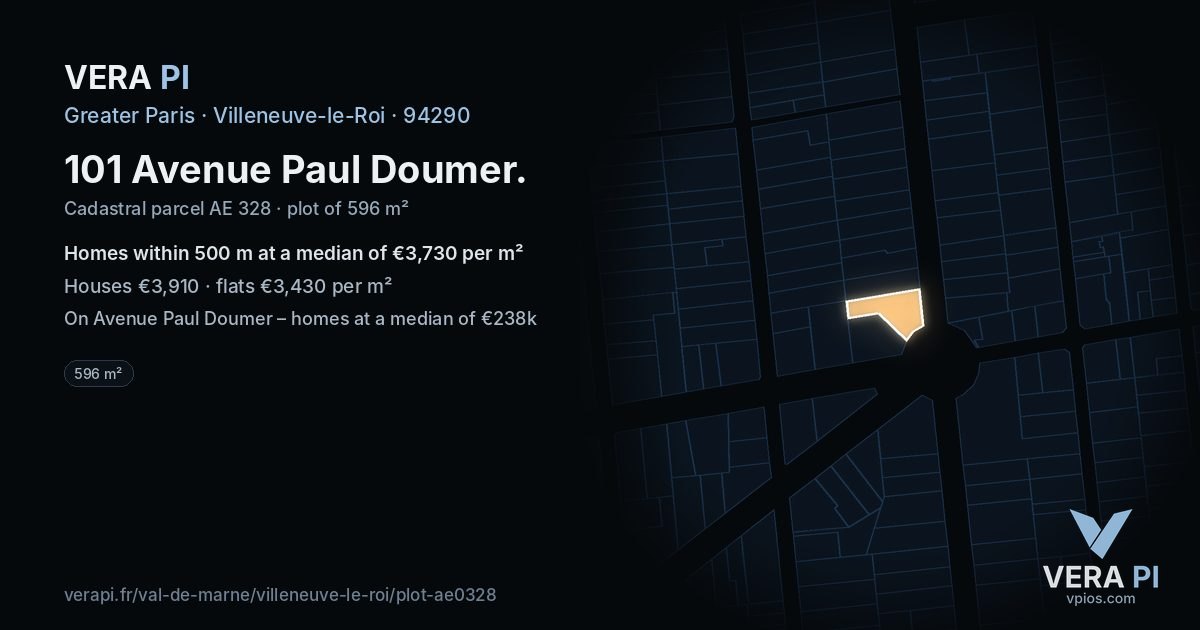 101 Avenue Paul Doumer, Villeneuve-le-Roi at night – the plot lit, the parcels around coloured by the prices near them