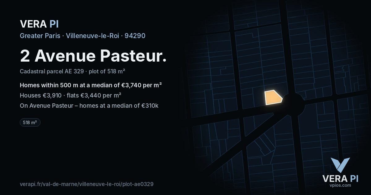2 Avenue Pasteur, Villeneuve-le-Roi at night – the plot lit, the parcels around coloured by the prices near them