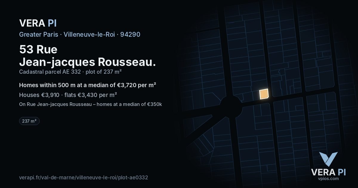 53 Rue Jean-jacques Rousseau, Villeneuve-le-Roi at night – the plot lit, the parcels around coloured by the prices near them
