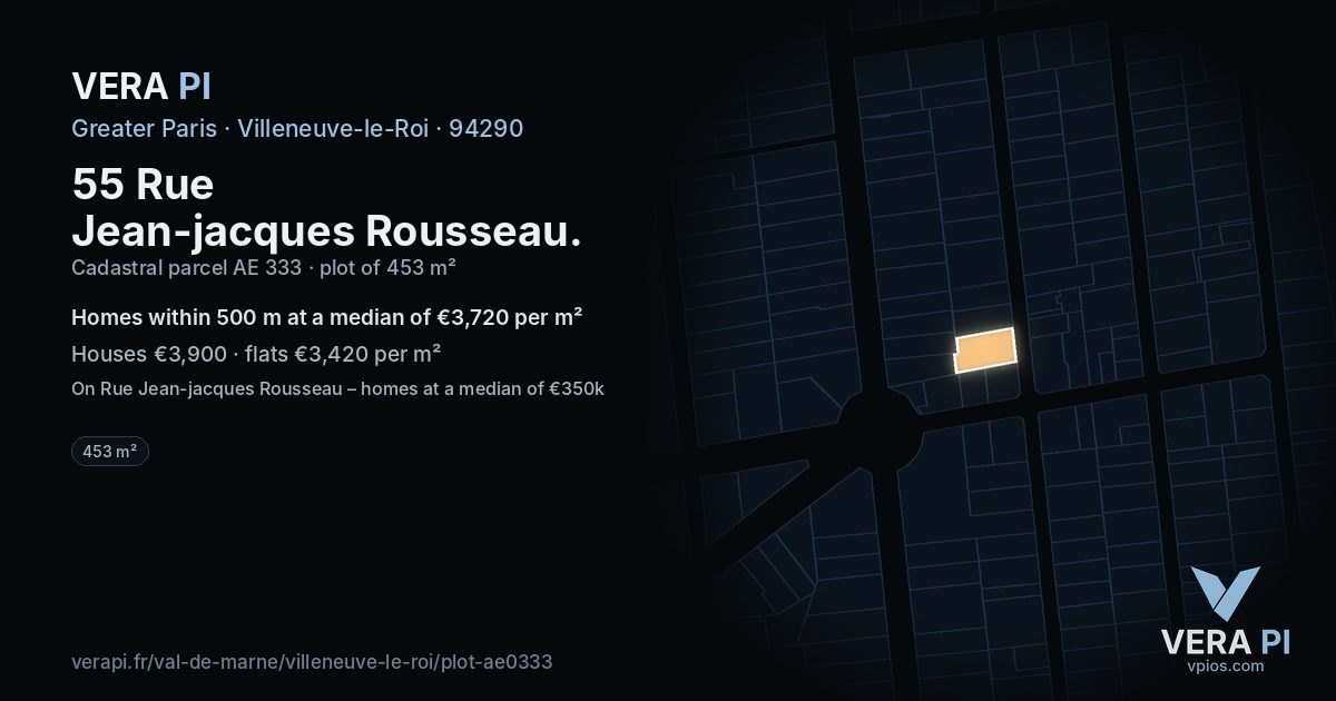 55 Rue Jean-jacques Rousseau, Villeneuve-le-Roi at night – the plot lit, the parcels around coloured by the prices near them
