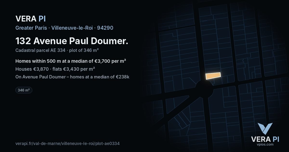 132 Avenue Paul Doumer, Villeneuve-le-Roi at night – the plot lit, the parcels around coloured by the prices near them
