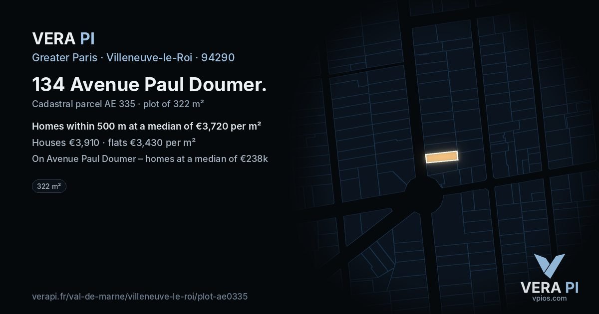 134 Avenue Paul Doumer, Villeneuve-le-Roi at night – the plot lit, the parcels around coloured by the prices near them