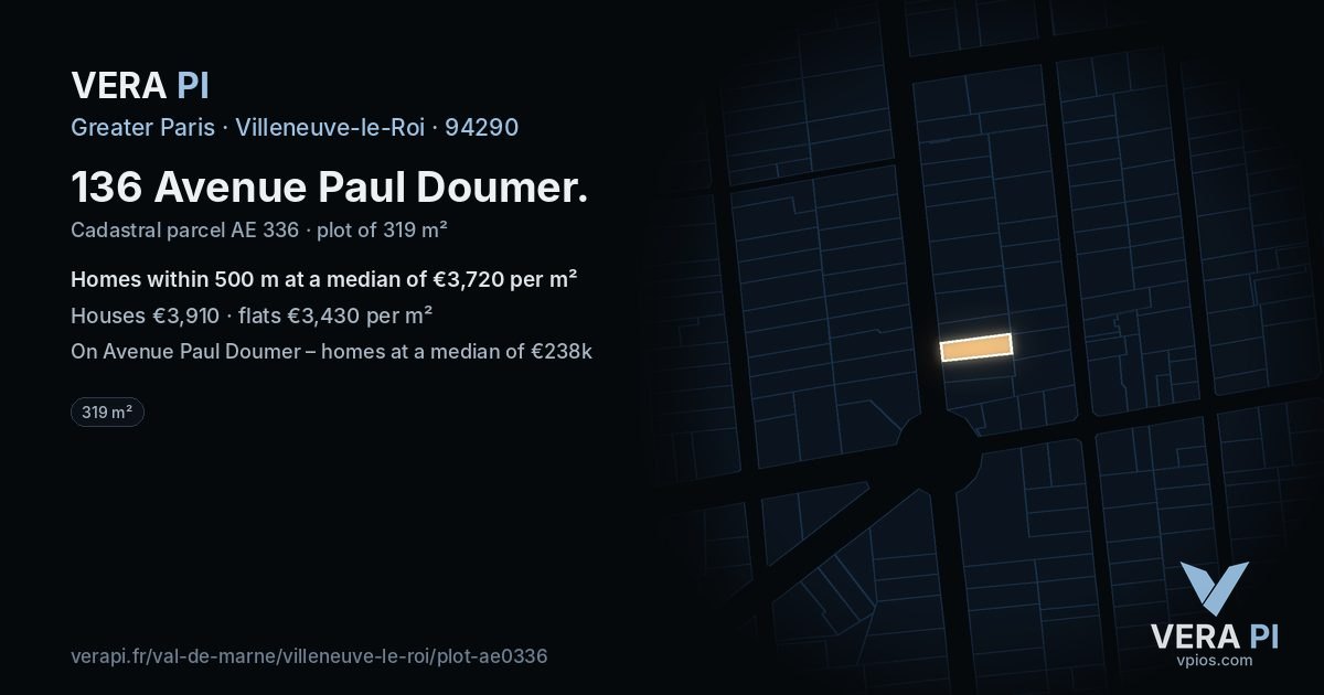 136 Avenue Paul Doumer, Villeneuve-le-Roi at night – the plot lit, the parcels around coloured by the prices near them