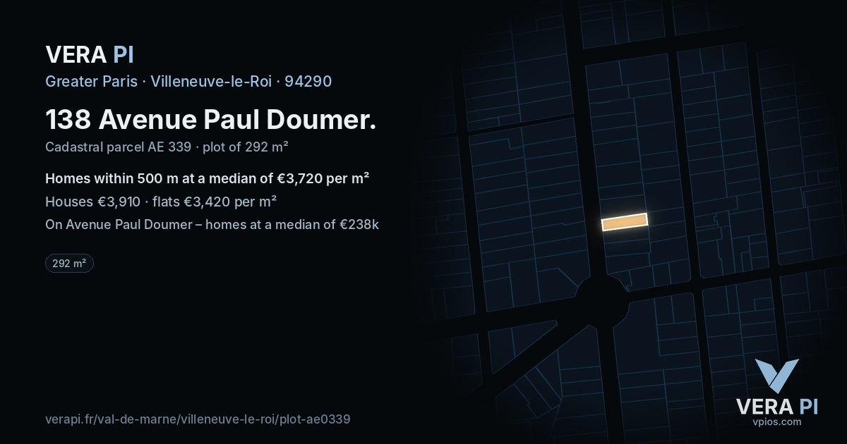 138 Avenue Paul Doumer, Villeneuve-le-Roi at night – the plot lit, the parcels around coloured by the prices near them
