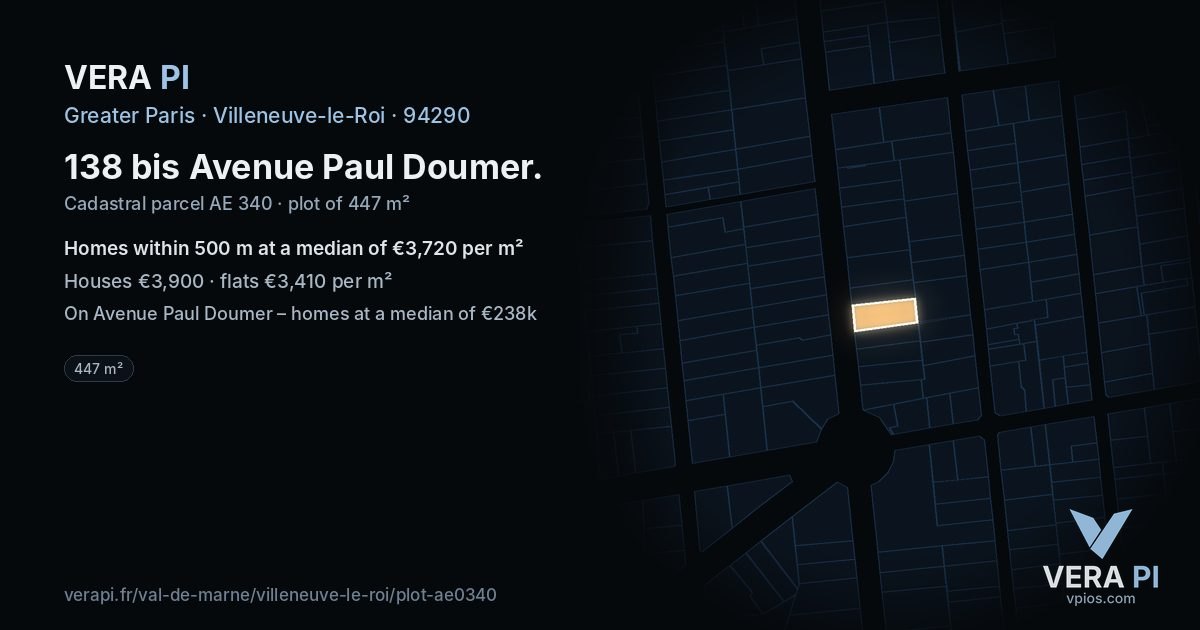 138 bis Avenue Paul Doumer, Villeneuve-le-Roi at night – the plot lit, the parcels around coloured by the prices near them