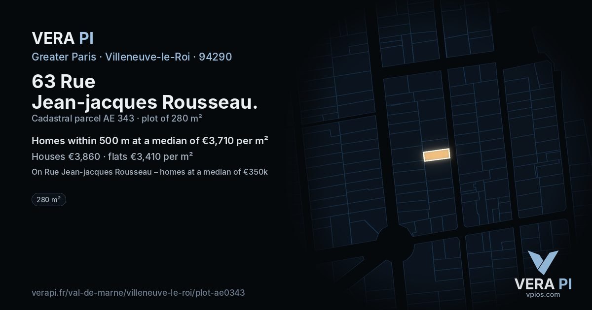 63 Rue Jean-jacques Rousseau, Villeneuve-le-Roi at night – the plot lit, the parcels around coloured by the prices near them