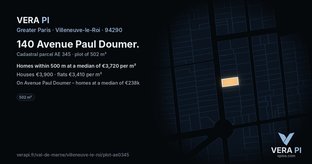 140 Avenue Paul Doumer, Villeneuve-le-Roi at night – the plot lit, the parcels around coloured by the prices near them