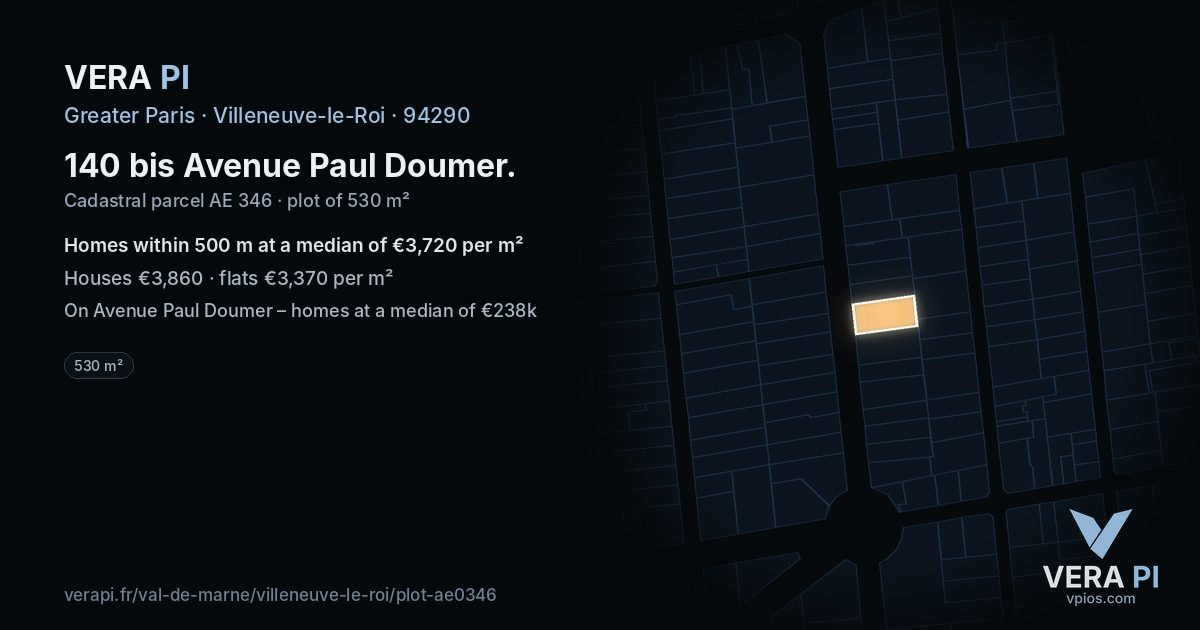 140 bis Avenue Paul Doumer, Villeneuve-le-Roi at night – the plot lit, the parcels around coloured by the prices near them