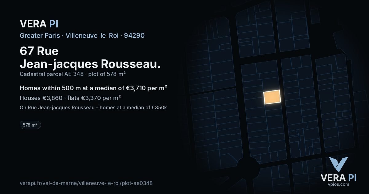 67 Rue Jean-jacques Rousseau, Villeneuve-le-Roi at night – the plot lit, the parcels around coloured by the prices near them