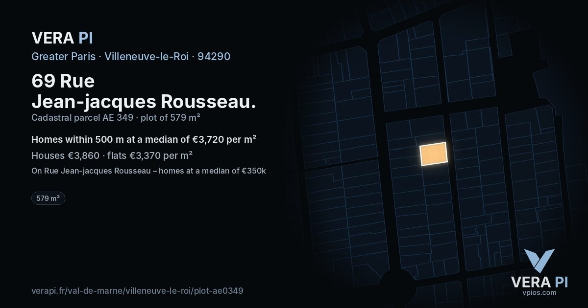 69 Rue Jean-jacques Rousseau, Villeneuve-le-Roi at night – the plot lit, the parcels around coloured by the prices near them