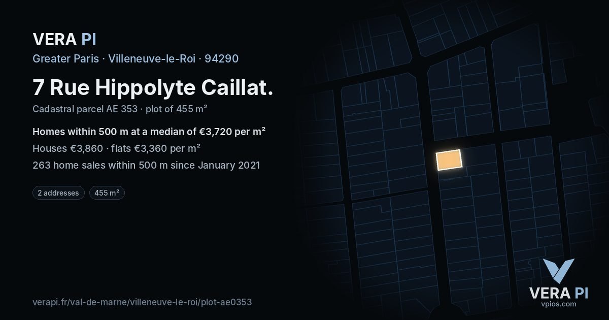 7 Rue Hippolyte Caillat, Villeneuve-le-Roi at night – the plot lit, the parcels around coloured by the prices near them