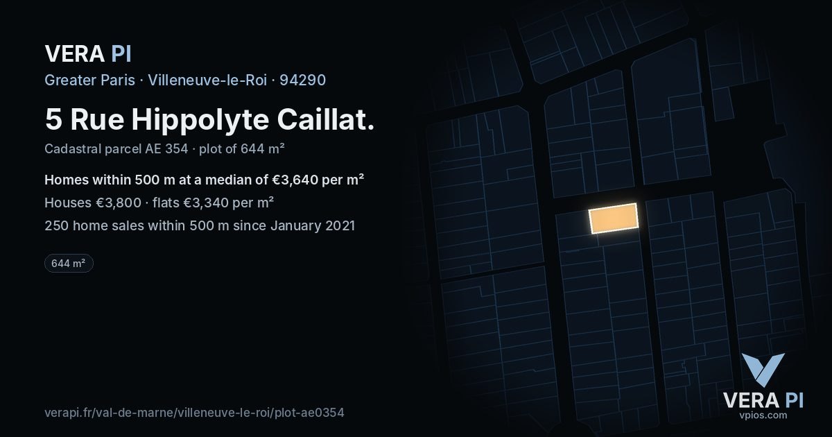 5 Rue Hippolyte Caillat, Villeneuve-le-Roi at night – the plot lit, the parcels around coloured by the prices near them