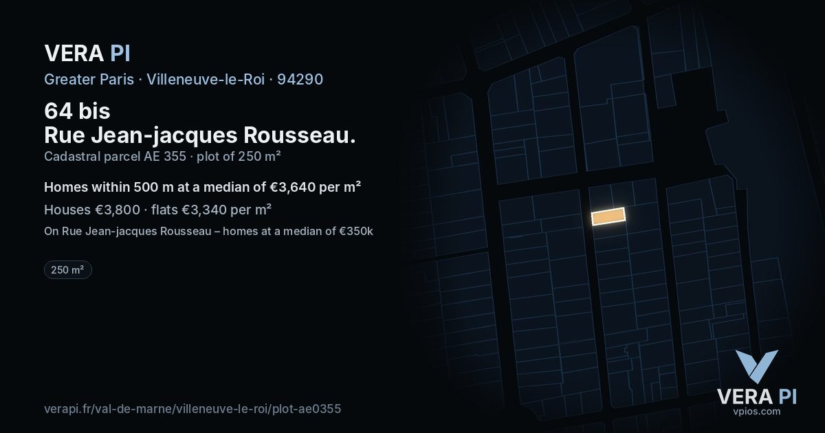 64 bis Rue Jean-jacques Rousseau, Villeneuve-le-Roi at night – the plot lit, the parcels around coloured by the prices near them