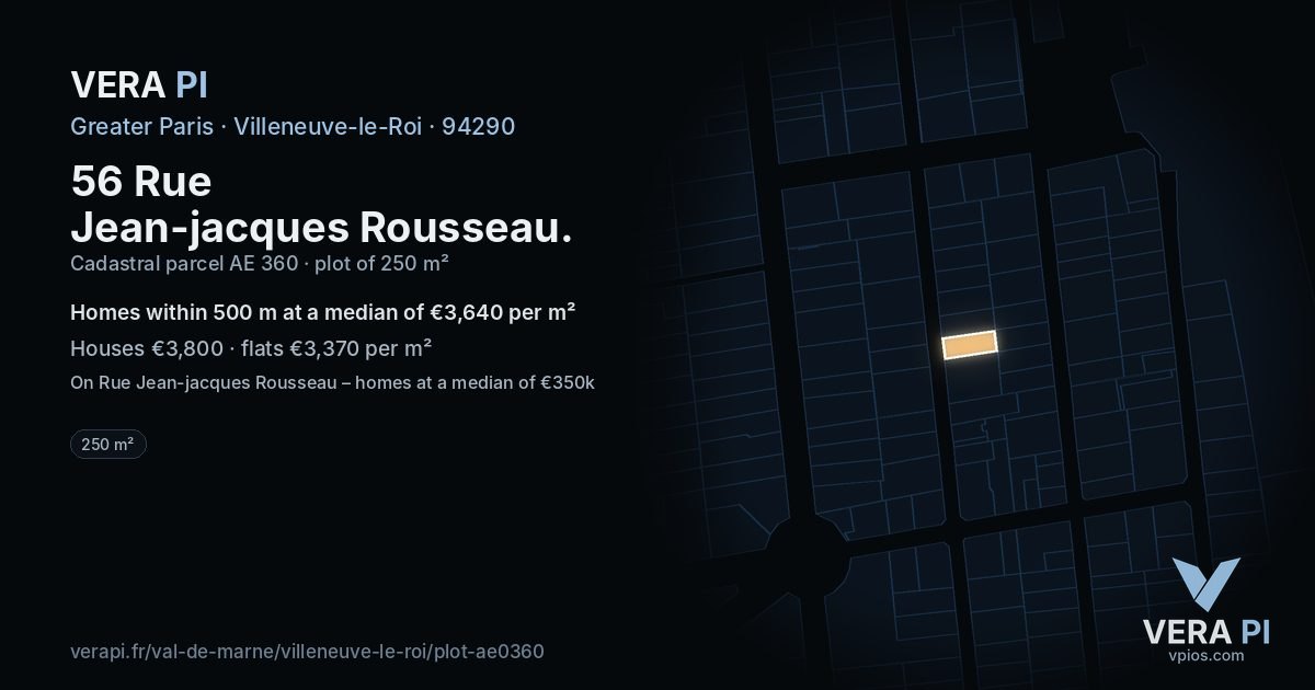 56 Rue Jean-jacques Rousseau, Villeneuve-le-Roi at night – the plot lit, the parcels around coloured by the prices near them