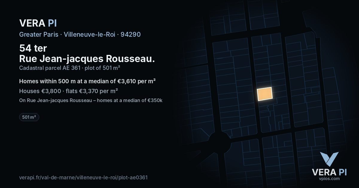54 ter Rue Jean-jacques Rousseau, Villeneuve-le-Roi at night – the plot lit, the parcels around coloured by the prices near them