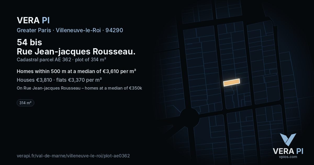 54 bis Rue Jean-jacques Rousseau, Villeneuve-le-Roi at night – the plot lit, the parcels around coloured by the prices near them