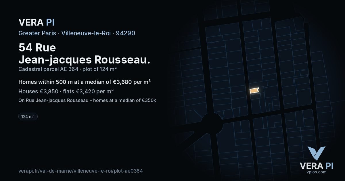 54 Rue Jean-jacques Rousseau, Villeneuve-le-Roi at night – the plot lit, the parcels around coloured by the prices near them