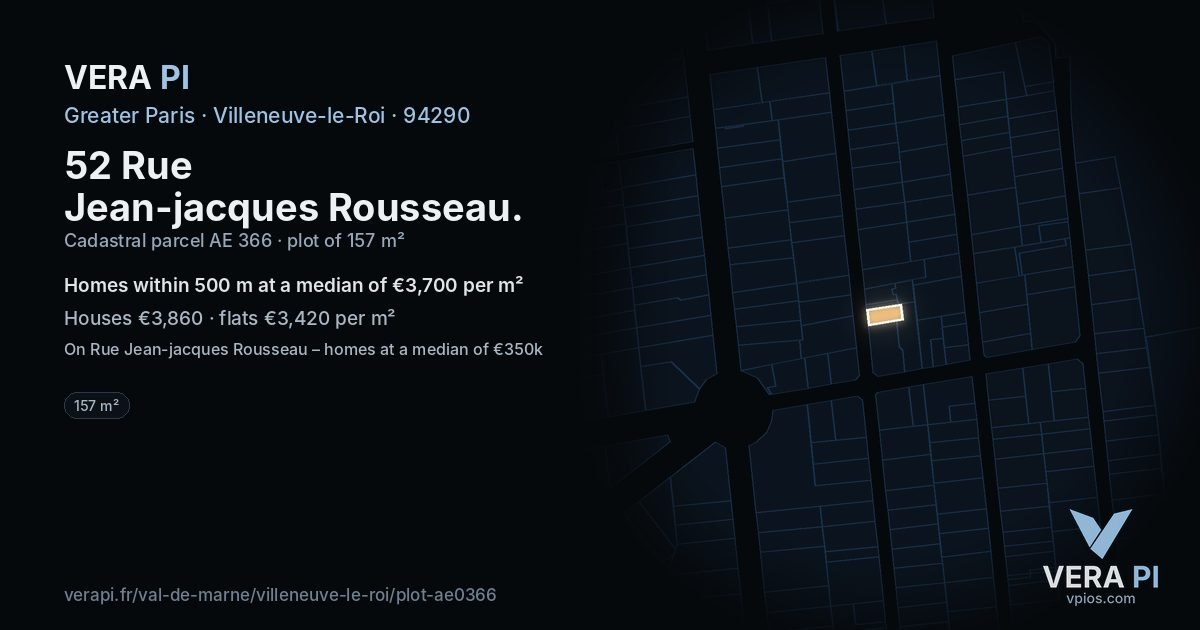 52 Rue Jean-jacques Rousseau, Villeneuve-le-Roi at night – the plot lit, the parcels around coloured by the prices near them
