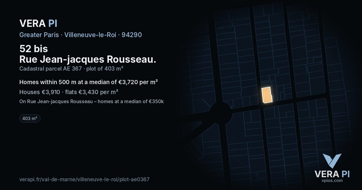 52 bis Rue Jean-jacques Rousseau, Villeneuve-le-Roi at night – the plot lit, the parcels around coloured by the prices near them